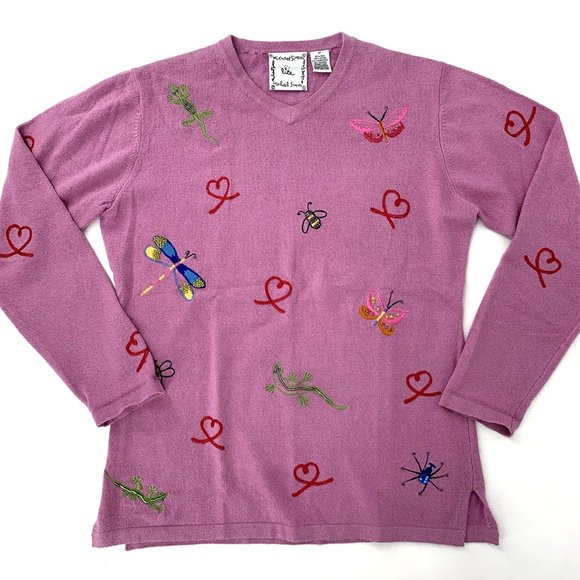 Vintage Michael Simon Embroidered Butterfly Heart Bee Sweater Women Sz Medium - Picture 1 of 7